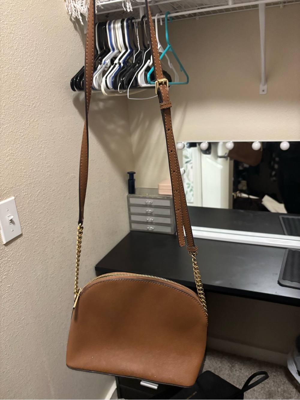 Michael Kors Tan Leather Crossbody Bag with Gold Chain